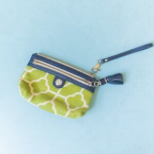 LIKE NEW Spartina 449 Lime Navy Canvas Knit Leather Trim Top Zip Mini Wristlet
